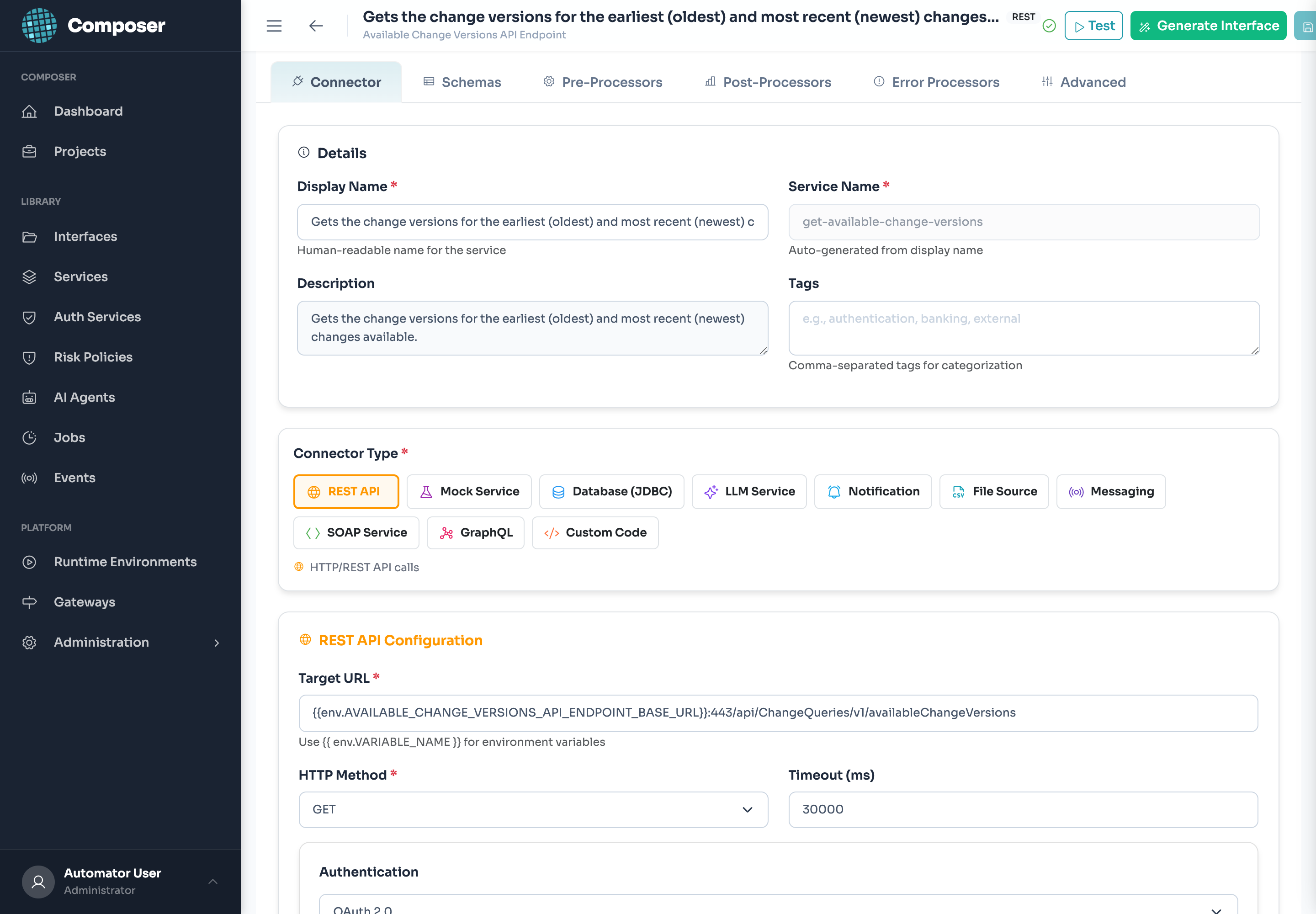 Service Builder — REST connector configuration