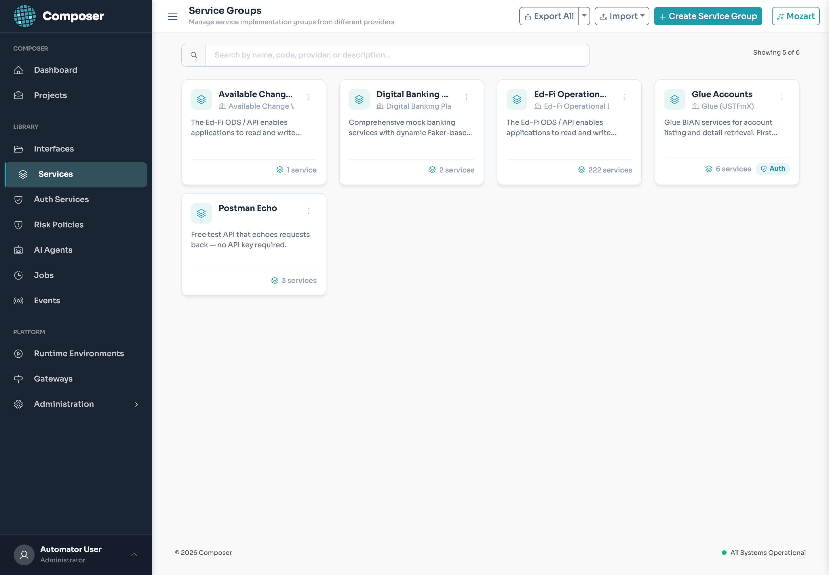 Composer Services library, grouped by Service Group